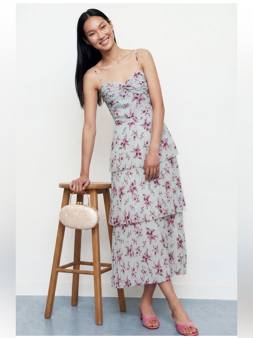Monique Lhuillier Mint Tiered Midi Dress with Purple Floral Print size 8